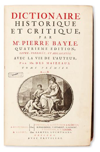 BAYLE, PIERRE; et al. Dictionnaire Historique et Critique . . . Quatrième Édition, revue, corrigée et augmentée.  4 vols.  1730